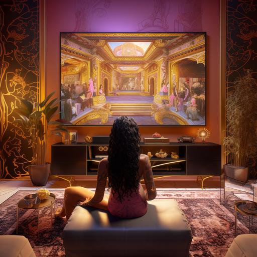 a view from the back of a luxury playstation entertainment corner with a couch in a versace color scheme (black and gold) but with weed designs, a large TV, and a fit young woman playing video games.