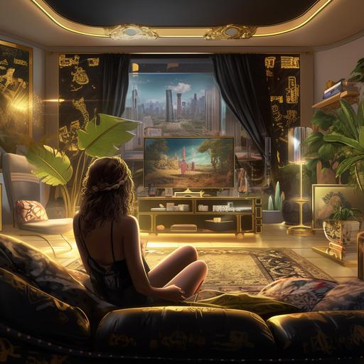 a view from the back of a luxury playstation entertainment corner with a couch in a versace color scheme (black and gold) but with weed designs, a large TV, and a fit young woman playing video games.