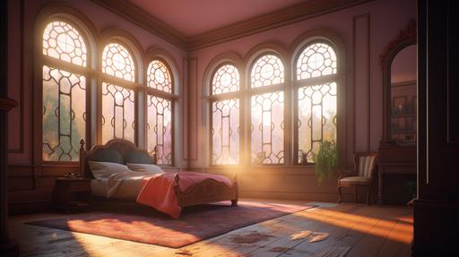 a view outside the window of a mansion of an african female sleeping beauty, woman sleeping in bed, disney cartoon style, modern mansion, symetric, Extremely Detailed, Realistic, bright sunlight, ultra realistic digital art, hyper realistic, soft rim light, octane render, unreal engine, volumetric lighting, dramatic light, 8k, neon ray tracing, path tracing, volumetric light, cinematic environment, optix Cinematic post processing, cinema4d, optix, volumetric fog, global illumination, photorealism, post processing Photoshop --ar 16:9 --q 2 --v 5 --upbeta