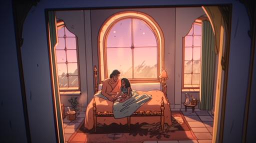 , a view outside the window of a mansion of an african female sleeping in bed, disney cartoon style, modern mansion, sleeping beauty, cinematic lighting, 8k --ar 16:9 --v 5 --v 5 --upbeta