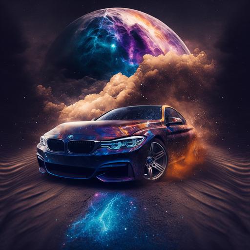 a vilote colour bmw car traveling in deep space
