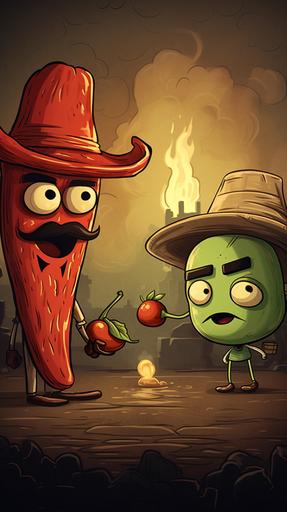 a vintage bd comics style, old advertising of a red chili character, and a cool avocado character with a sombrero hat, talking, facing the camera, mouth on fire, mustache, santiags shoe, blank background, drawing style by Charlie Bowater, illustration --ar 9:16
