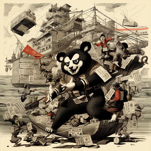 a vintage cartoon of gantry steamboat willie as an angry corporate CEO stealing candy from a baby raccoon cartoon animal in poverty sleeping in a cardboard box: in the style of hiroshige, hokusai, ukiyo-e cartoon, woodprint knolling very greeble, separate, hyper detailed, newspaper clipping collage, reverse monochrome