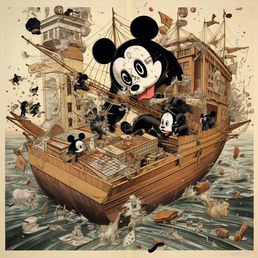 a vintage cartoon of gantry steamboat willie as an angry corporate CEO stealing candy from a baby raccoon cartoon animal in poverty sleeping in a cardboard box: in the style of hiroshige, hokusai, ukiyo-e cartoon, woodprint knolling very greeble, separate, hyper detailed, newspaper clipping collage, reverse monochrome