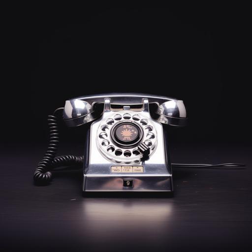 a vintage chrome 80s phone on a black background, in the style of 1980s album cover, star glares --v 5.2 --s 250 --c 10 --weird 500