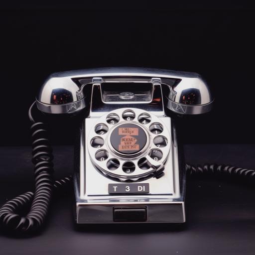 a vintage chrome 80s phone on a black background, in the style of 1980s album cover, star glares --v 5.2 --q 2 --s 250 --c 10 --weird 500