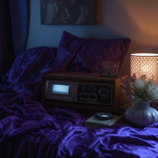 a vintage chrome 80s phone on a nightstand table, in a moody 90s adult room, dark, melancolia and sad, blue and purple light, in the style of 1980s album cover --v 5.2 --q 3 --s 333 --c 33 --weird 333