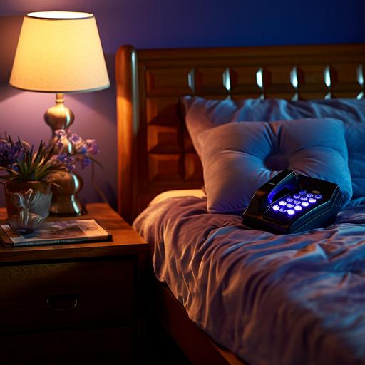 a vintage chrome 80s phone on a nightstand table, in a moody 90s adult room, dark, melancolia and sad, blue and purple light, in the style of 1980s album cover --v 5.2 --q 3 --s 333 --c 33 --weird 333