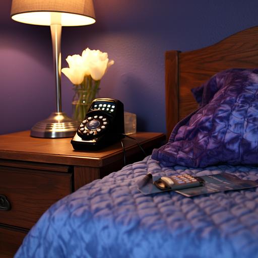 a vintage chrome 80s phone on a nightstand table, in a moody 90s adult room, dark, melancolia and sad, blue and purple light, in the style of 1980s album cover --v 5.2 --q 3 --s 333 --c 33 --weird 333