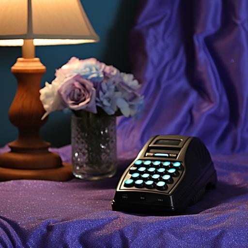 a vintage chrome 80s phone on a nightstand table, in a moody 90s adult room, dark, melancolia and sad, blue and purple light, in the style of 1980s album cover --v 5.2 --q 3 --s 333 --c 33 --weird 333