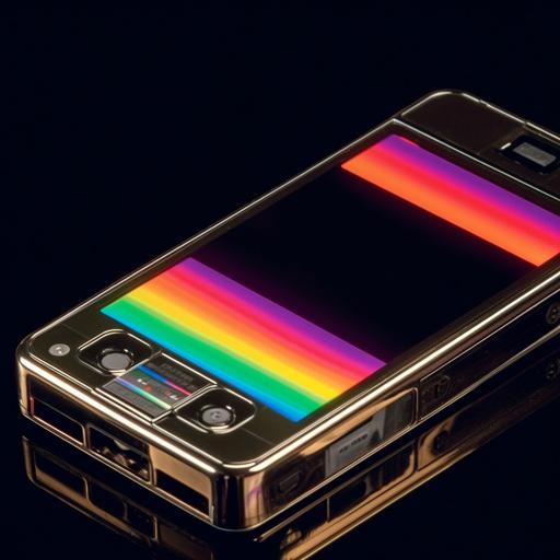 a vintage chrome 90s cell phone on a black background, vhs aesthetic, technicolor, in the style of 1980s album cover --v 5.2 --q 3 --s 333 --c 33 --weird 333