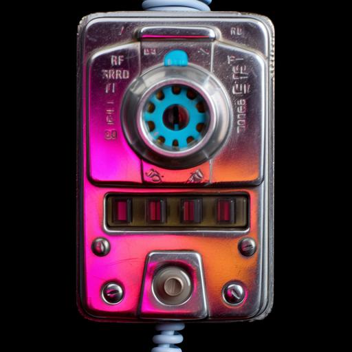 a vintage chrome 90s phone on a black background, vhs aesthetic, technicolor, in the style of 1980s album cover --v 5.2 --q 3 --s 333 --c 33 --weird 333