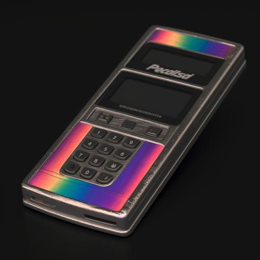 a vintage chrome 90s phone on a black background, vhs aesthetic, technicolor, in the style of 1980s album cover --v 5.2 --q 3 --s 333 --c 33 --weird 333