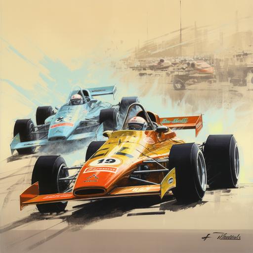 a vintage f1 poster, 2 cars racing --v 5