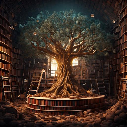 a vintage library with a tree growing in the middle: The tree's roots and trunk are made of books and tomes which are old and scattered. The branches and leaves of the tree are modern and digitized and orderly, representing the growth and development of information from unstructured to structured