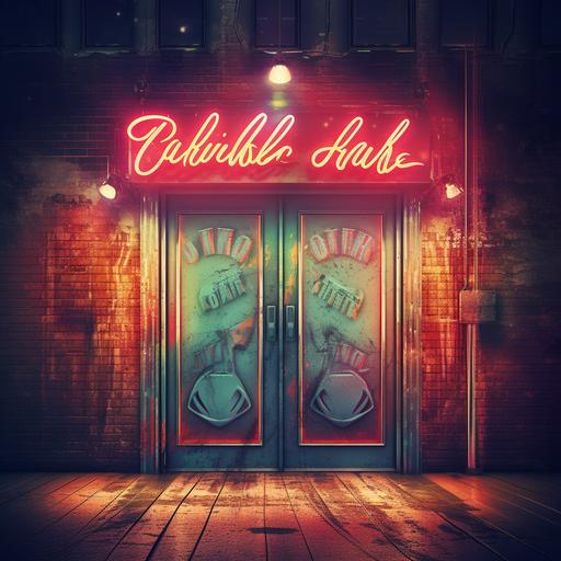 a vintage logo with 3 words on a night club building background with a door, people standing in line outside, bright lights, a pair of dry cracked lips, lips only, modern colors, detailed, vintage font, smoke, party theme