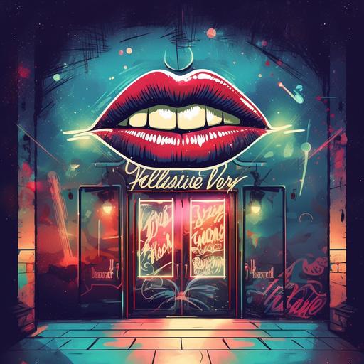 a vintage logo with 3 words on a night club building background with a door, people standing in line outside, bright lights, a pair of dry cracked lips, lips only, modern colors, detailed, vintage font, smoke, party theme