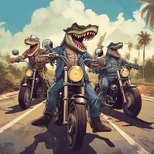 a vintage motorcycle event ad with a gang of cartoon alligators riding motorcycles down a highway, wearing a leather vest, blue jeans and cowboy hat