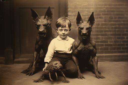 a vintage photograph of little timmy and his friend the 3-headed demonic cerberus --ar 3:2