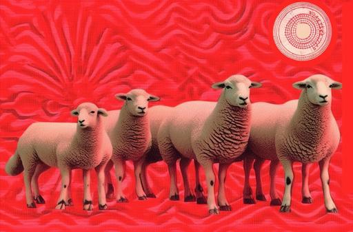 a vintage post card featuring one sheep and chinese characters, in the style of kinetic art, light red, grindcore, spiral group, trompe-l'œil illusionistic detail, animated gifs, stencil graffiti --ar 35:23 --v 5.1