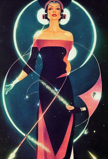 a vintage sci fi illustration of a beautiful cyborg witch in space, she is wearing a witch hat on her head, enchanting glamerous robes, glitter high heels, and holding a magic wand. beautiful face symetric face, detailed face, magestic, glowing, stars, vintage sci-fi art --ar 9:16 --test --creative