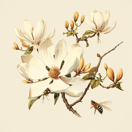 a vintage scientific illustration magnolia branch with a flying bird chasing a bee