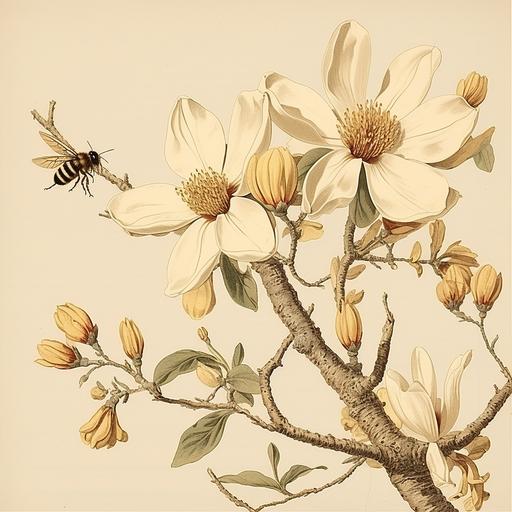 a vintage scientific illustration magnolia branch with a flying bird chasing a bee