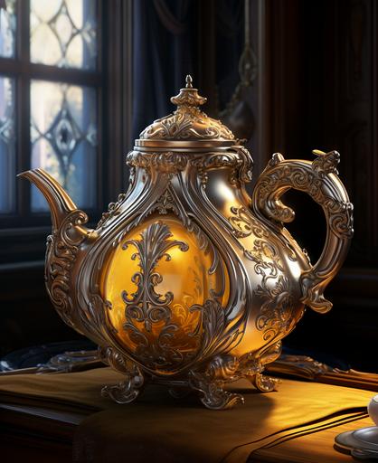 a vintage silver tea pot, in the style of unreal engine 5, confessional, todd schorr, photorealistic detail, dark beige and gold, vladimir kush --ar 9:11