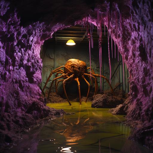 a violet cave and a green and yellow acid puddle, a giant spider on the wall, pilcrow, ultrearelistic, cinematic, animatronics, 80s movie set