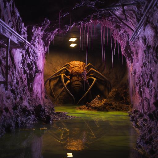 a violet cave and a green and yellow acid puddle, a giant spider on the wall, pilcrow, ultrearelistic, cinematic, animatronics, 80s movie set