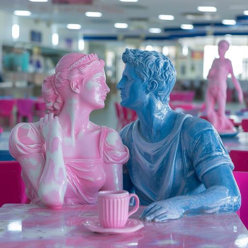 a vividly pink marble statue of a beautiful modern day woman in her 20s is sitting opposite a handsome 30 year old man who is made of blue marble they are flirting with each other and clearly in love the camera is angled to look down at them and also clearly shows many other tables behind them where other pink female statues sit and flirt with pink blue statues --v 6.0