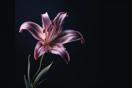 a voilet lily flower against a black background, in the style of joel robison, minimalist still lifes, wallpaper, lawrence alma-tadema, kinuko y. craft, the snapshot aesthetic, flowerpunk --ar 3:2