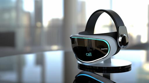 a vr headset design attached to its charging base, with black, white, hints of blue, lenses and metal accents, slim profile, fabric strap, digital read out on front 