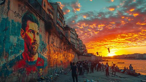 a wall adorned with a graffiti mural of Lionel Messi is in the city of Madrid,at sunset, Real Madrid fans with flags of Ronaldo try to pull the wall down, the atmosphere is fierce and intense --ar 16:9 --s 750 --v 6.0