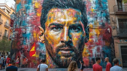 a wall adorned with a graffiti mural of Lionel Messi is in the city of Madrid,at sunset, Real Madrid fans with flags of Ronaldo try to pull the wall down, the atmosphere is fierce and intense --ar 16:9 --s 750 --v 6.0