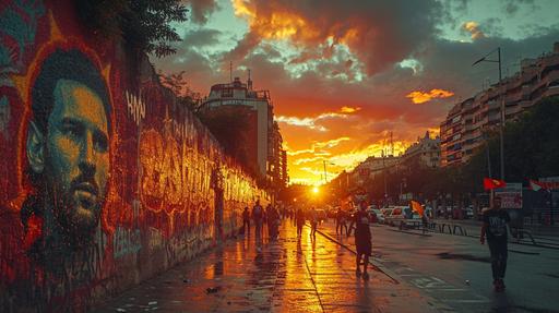 a wall adorned with a graffiti mural of Lionel Messi is in the city of Madrid,at sunset, Real Madrid fans with flags of Ronaldo try to pull the wall down, the atmosphere is fierce and intense --ar 16:9 --s 750 --v 6.0