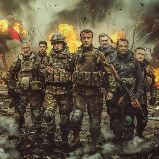 a war field in Ukraine. There are explosions everywhere. Emmanuel Macron, Volodymyr Zelensky, Klaus Schwab, Ursula Von Der Layen & Joe Biden are courageously standing on the front (like a Michael Bay movie poster), dressed with miltary clothes and carrying heavy weapons. We can feel their loyalty to democracy.