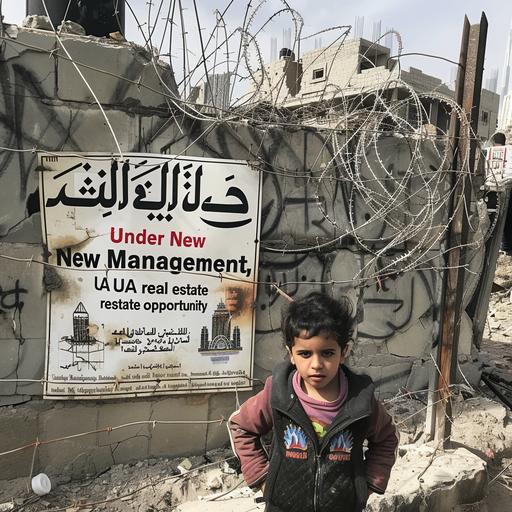 a war zone in the middle east such as Syria or the Gaza strip, it's been bombed, destroyed buildings, there are young arab descent dark haired children shoeless in ragged clothing, a large fence with barb wire on the forfront. The fence contains a brand new fancy looking sign, with the words 