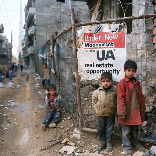 a war zone in the middle east such as Syria or the Gaza strip, it's been bombed, destroyed buildings, there are young arab descent dark haired children shoeless in ragged clothing, a large fence with barb wire on the forfront. The fence contains a brand new fancy looking sign, with the words 