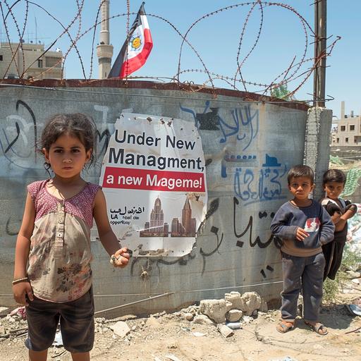 a war zone in the middle east such as Syria or the Gaza strip, it's been bombed, destroyed buildings, there are young arab descent dark haired children shoeless in ragged clothing, a large fence with barb wire on the forfront. The fence contains a brand new fancy looking sign, with the words 