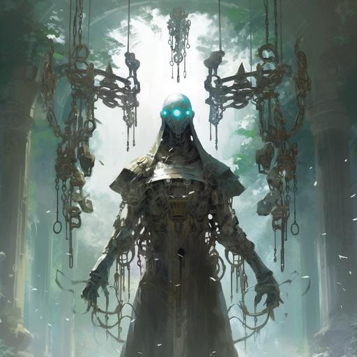 a warforged construct that is thin, almost ethereal, made entirely out of glass, bells, and wind chimes