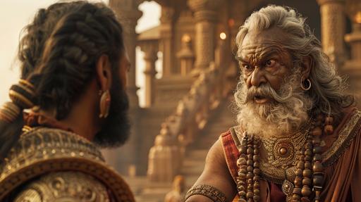 a warrior talking to a angry old man with beard in mahabharat. --ar 16:9