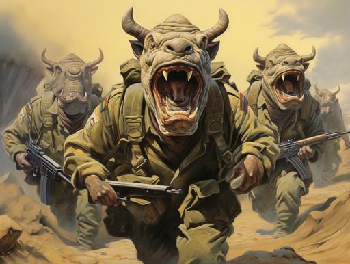 a wartime promotion poster of US military infantry troops drawn as cartoon rhinos --ar 4:3