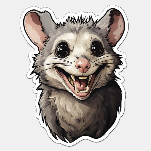 a wasted looking possum with its fur standing in all directions, smiling, comic style, sticker --s 250