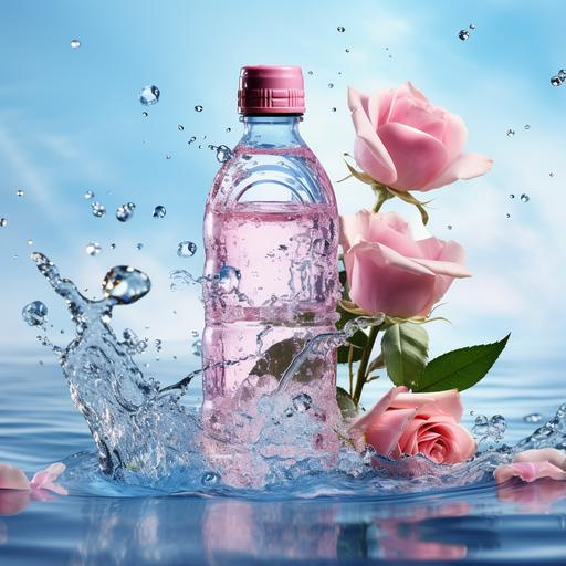 a water bottle surrounder by bright blue water splashes with some pink roses and petals around the water, realistic, photogenic