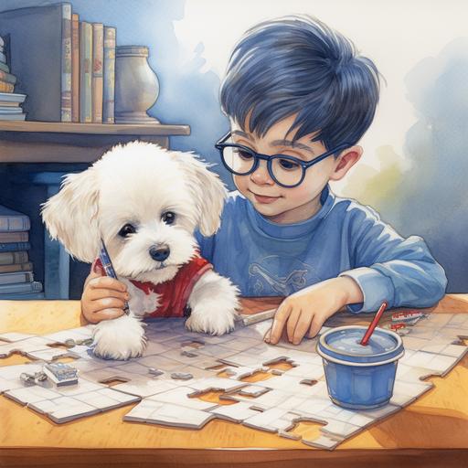 a water color illustration from a children’s reading book portraying a small Maltese puppy sitting with his teddy bear while they work on a puzzle at the table. Watercolor aesthetic, cool colors, friendly disposition, detailed