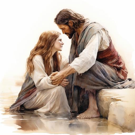 a water color painting of christ bending down and touching a woman and healing her