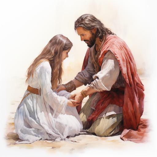 a water color painting of christ bending down and touching a woman and healing her