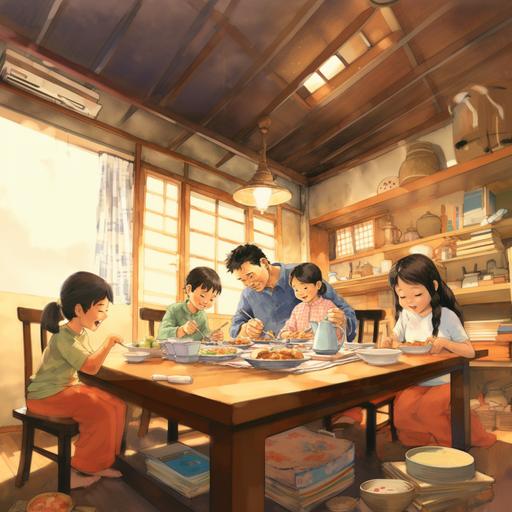 a watercolor children book illustration of a 1950’s Japanese kitchen, a father is having his dinner late night sitting on the floor in a Japanese dining table while three sleepy kids are sitting next to him watching the him eat--v 4