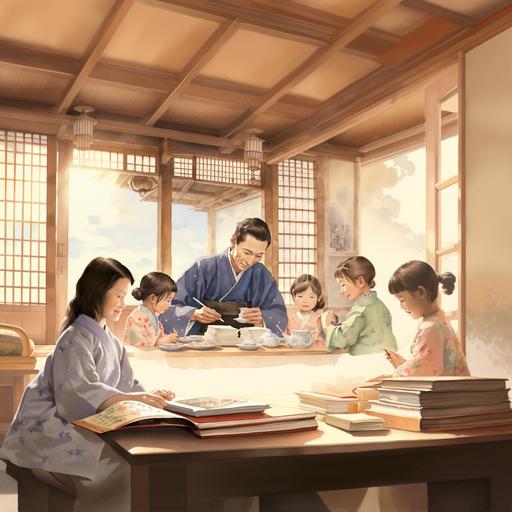 a watercolor children book illustration of a 1950's Japanese dining room, Japanese father wearing a kimono is sitting in a low Japanese dining table and reading a letter, he is looking very angry while reading a letter and there are three kids by his side sitting and looking worried--v 4